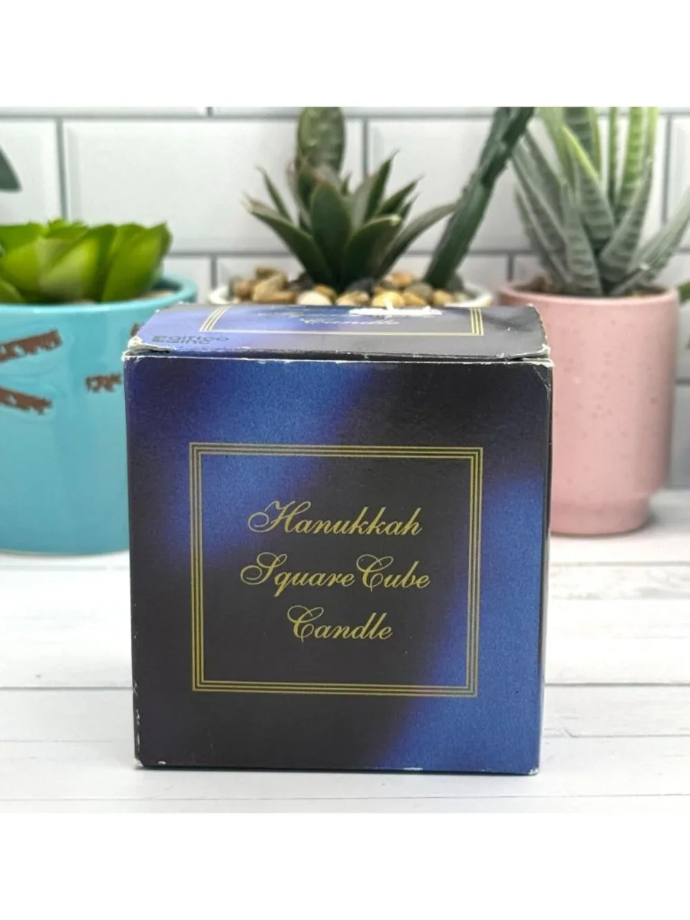Hanukkah Square Cube Candle With Star Of David & Menorah Design